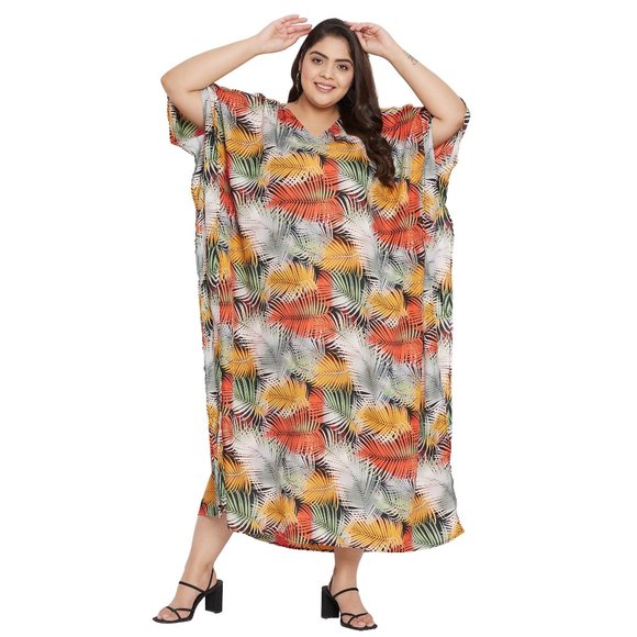 Women Multicolor Polyester Leaf Printed Kaftan Maxi Party Dress by Gypsie Blu - Picture 5 of 9